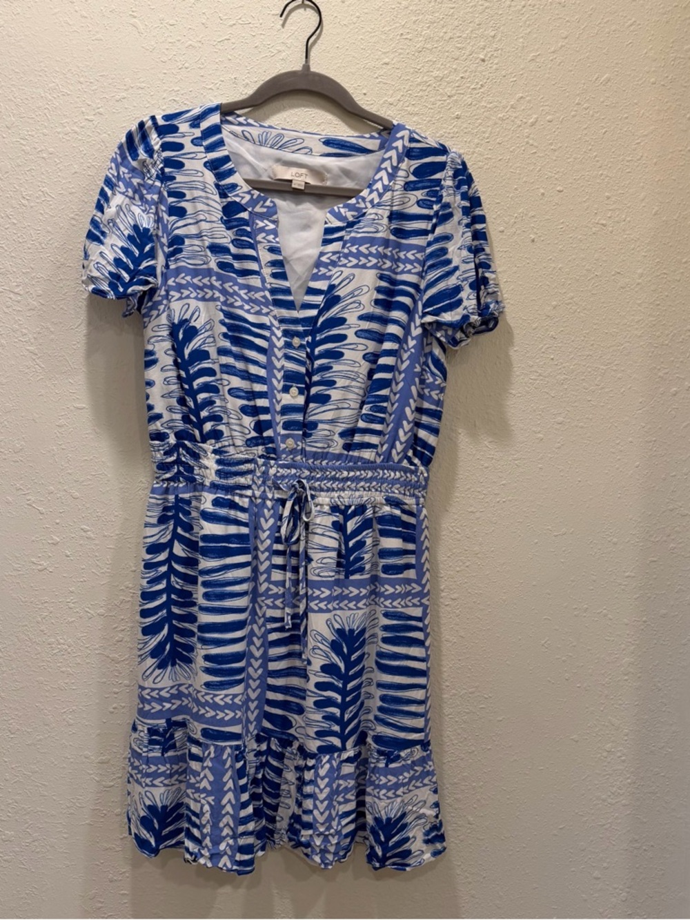 LOFT Fern Blue & White Smocked Tie-Waist Dress